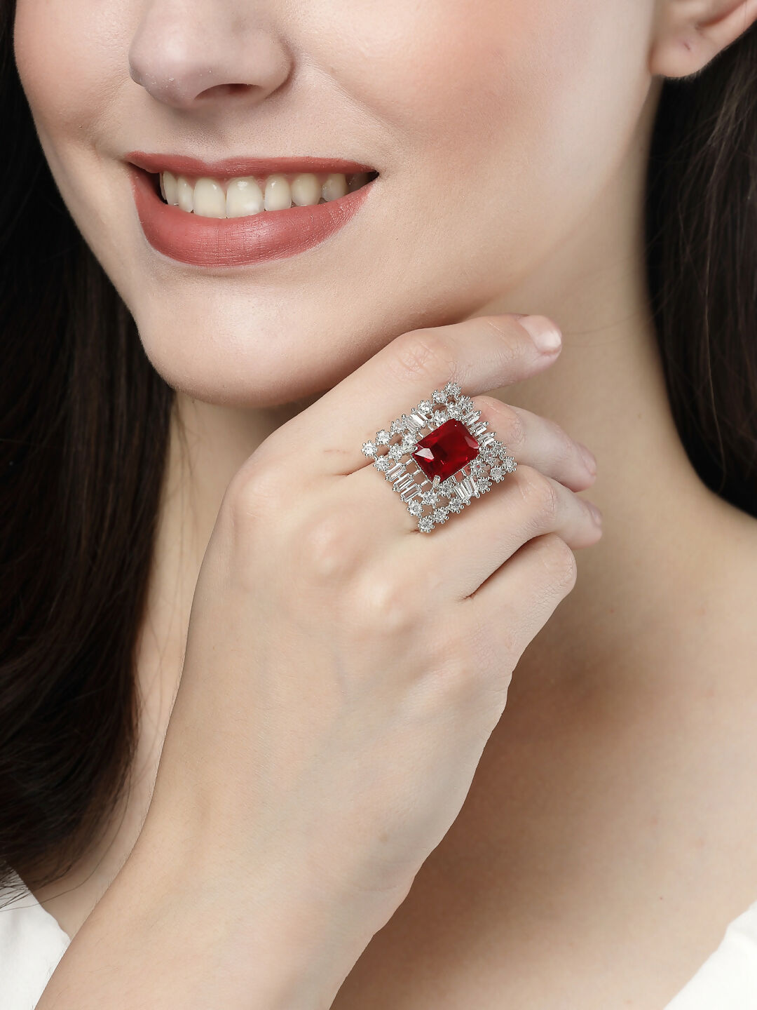 NVR Women's Red & Silver CZ-Studded Square-Shaped Adjustable Finger Ring | Grocsy