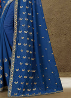 Blue Georgette Embroidered Saree with Unstitched Blouse Piece - Avika | Grocsy