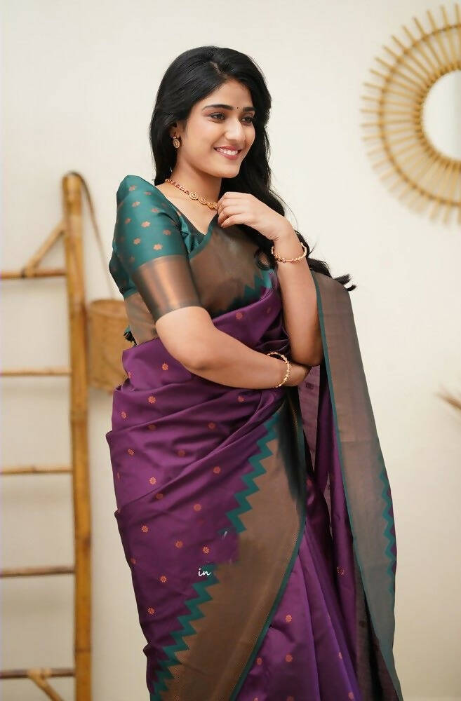 DEIANA'S Beautiful Designer Golden zari Soft Lichi Silk Saree - Wine | Grocsy