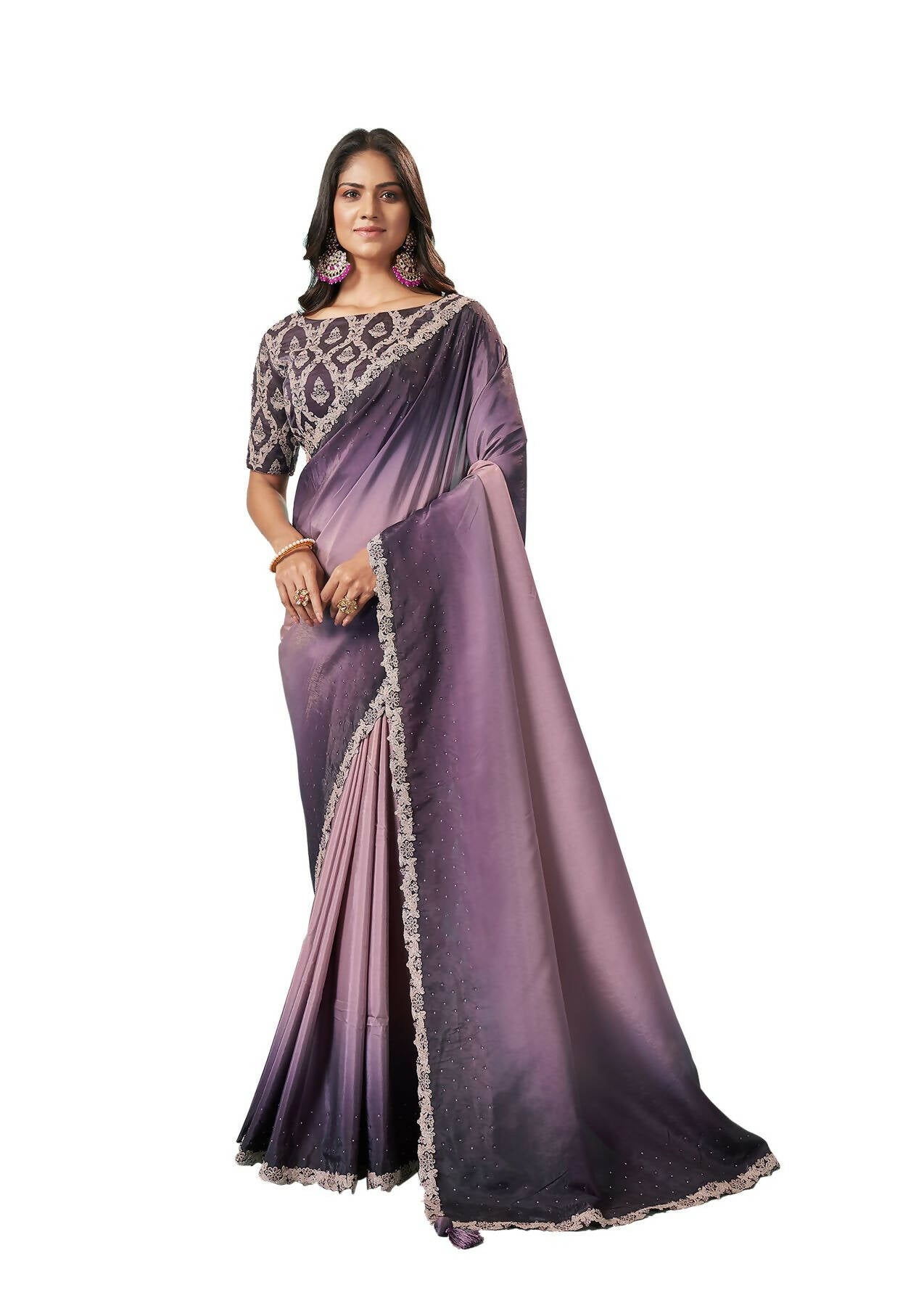 Purple Crepe Silk Solid Saree With Unstitched Blouse Piece - Norita Ikshita | Grocsy