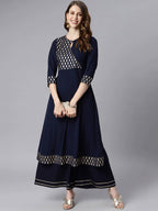 Janasya Women Navy Blue & Gold-Toned Printed Yoke Design Keyhole Neck Crepe Anarkali Kurta | Grocsy