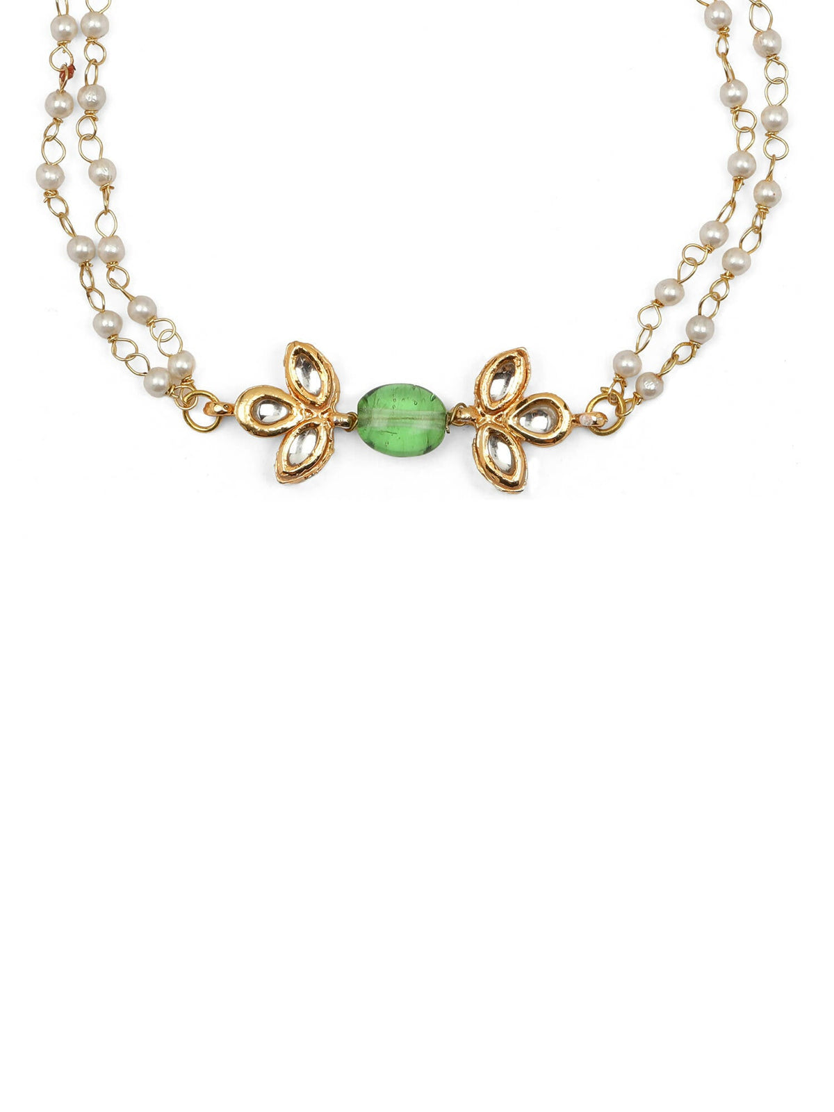 Gold-Polished Green White Kundan Beads Anklet Set Of 2 - Ruby Raang | Grocsy
