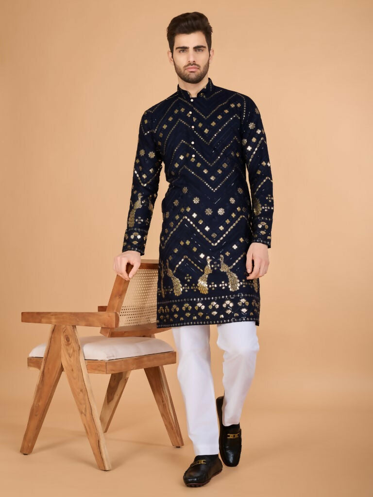 Vastranavya Navy Blue Exclusive Festival Wear Pure Viscose Rayon Embroidered Sequence Work Kurta | Grocsy
