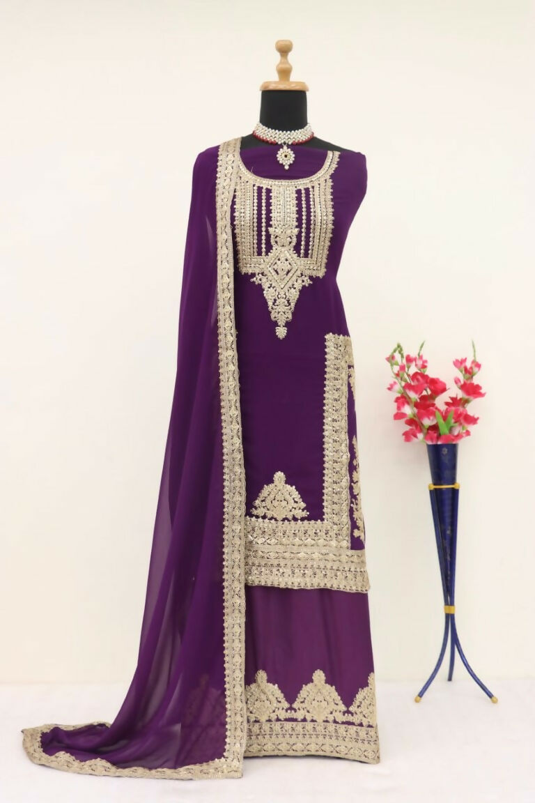 Vastranavya Gorgeous Purple Faux Georgette with Embroidery 3mm Sequence & Coding Work Pakistani Straight Pant Suit | Grocsy