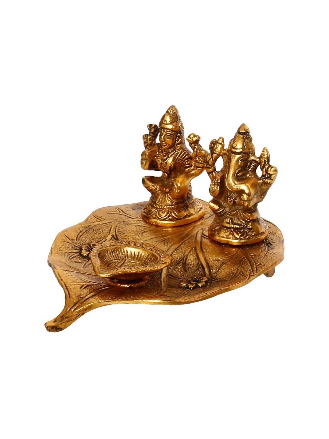 eCraftIndia Antique Gold-Toned Metal Handcrafted Laxmi Ganesh With Diya On Leaf | Grocsy
