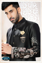 Joban Fashion Men's Black Straight Malai Silk Thread And Sequence Embroidery All Over 3 Pc Kurta Set | Grocsy