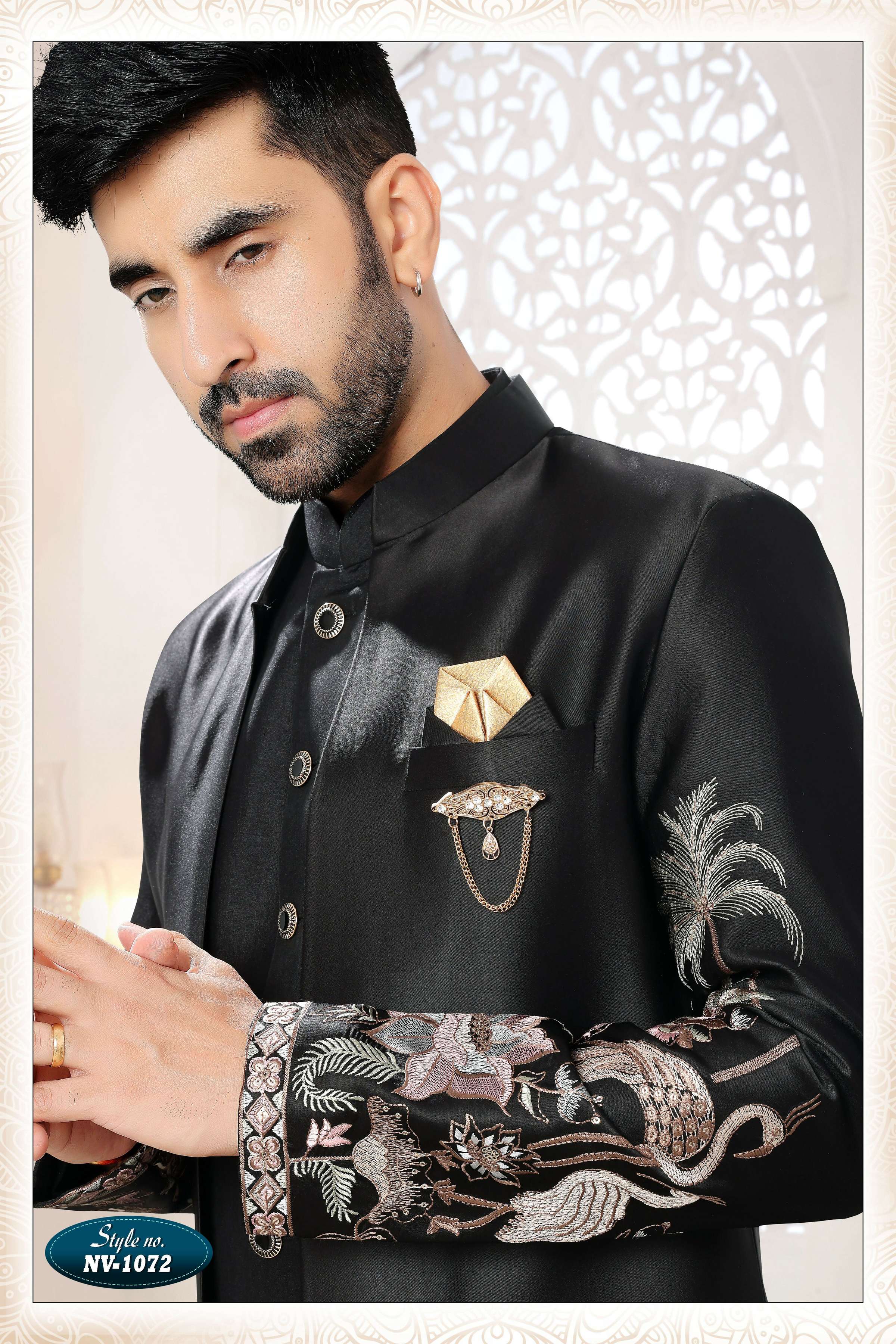 Joban Fashion Men's Black Straight Malai Silk Thread And Sequence Embroidery All Over 3 Pc Kurta Set | Grocsy