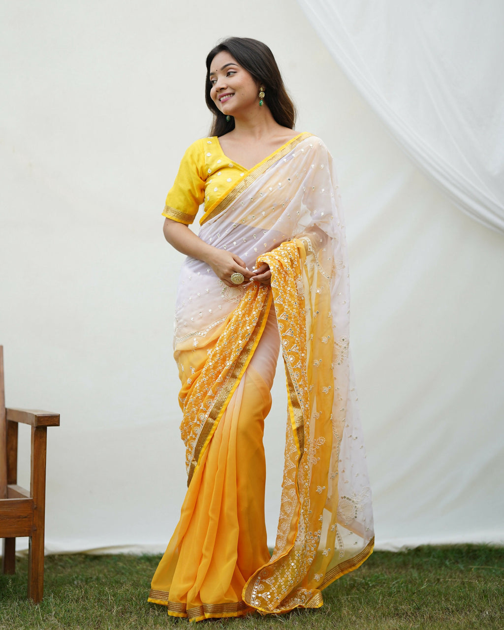 Vamsee Yellow Sequence 2 Yellow & White Georgette Saree | Grocsy