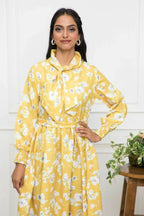 Myshka Women Yellow-Floral Rayon A-Line Shirt Collar Dress | Grocsy