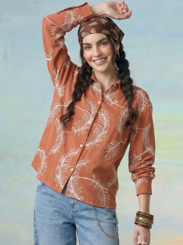 Janasya Rust Shirt Rayon Top | Grocsy
