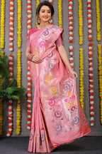 Jyoti Fashion Women's Baby Pink Banarasi Silk Zari Woven Saree with Blouse | Grocsy