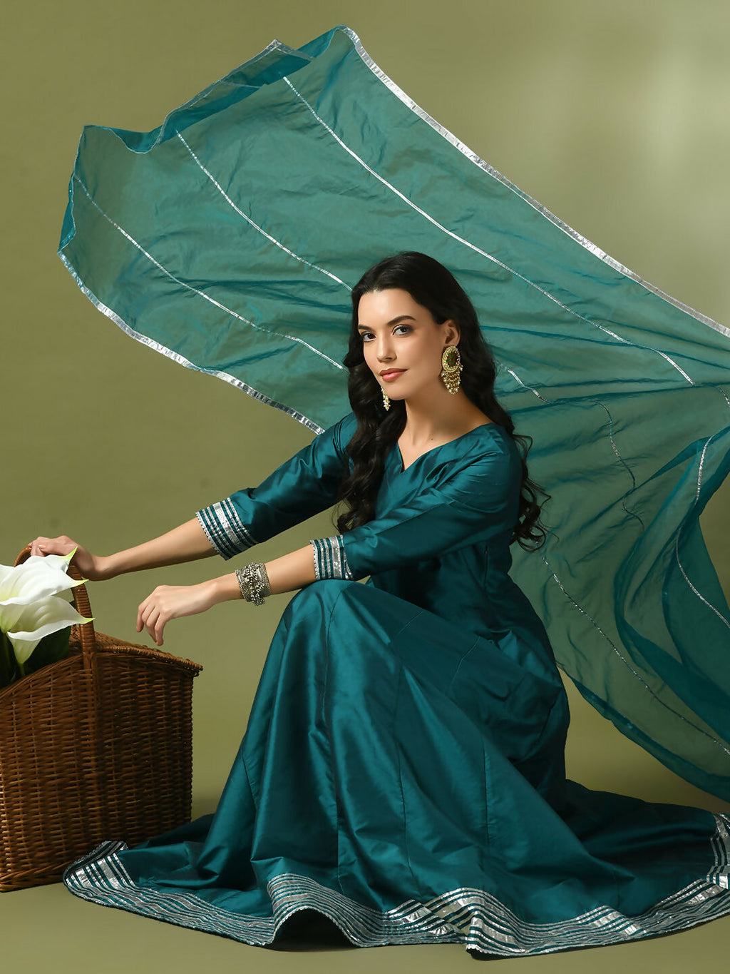 Myshka Women's Teal Solid Silk Anarkali Party Kurta With Dupatta | Grocsy