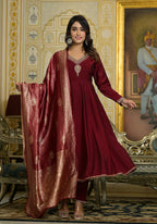 Juniper Women's Maroon Zari Embroidered Viscose Kurta Pant And Dupatta Set With Sequins & Lace | Grocsy