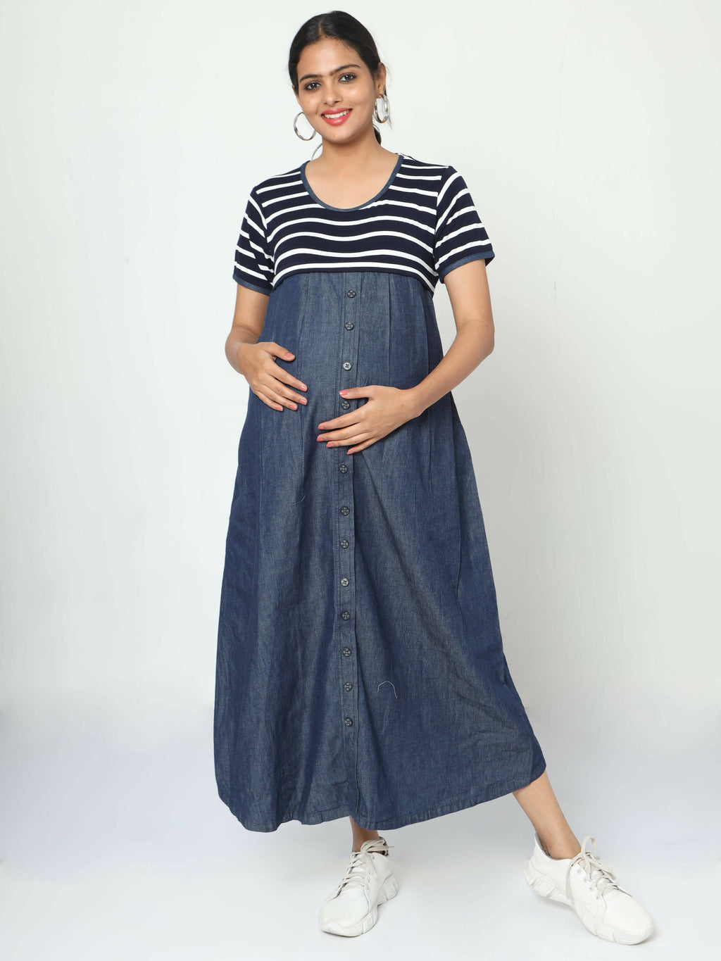 Manet Half Sleeves Maternity Dress White Striped With Concealed Zipper Nursing Access - Navy | Grocsy