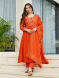 The52 Orange Women's Gorgeous Embroidered Chinon Fabric Flared Kurta Pant and Dupatta Set | Grocsy