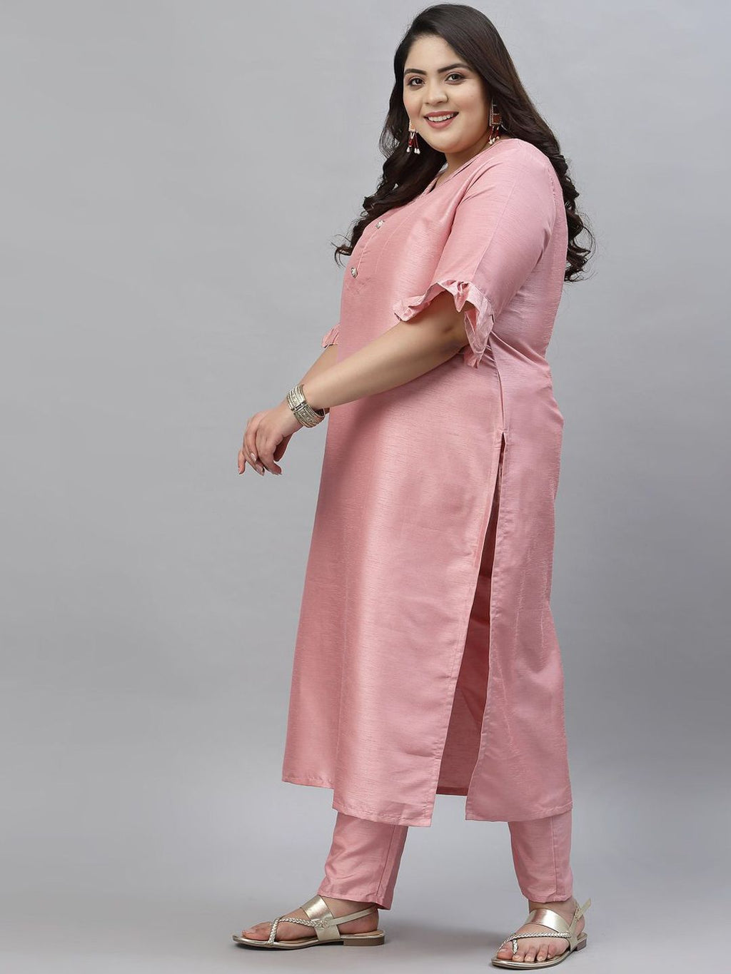Sztori V-Neck Bell Sleeves Straight Kurta With Trousers | Grocsy