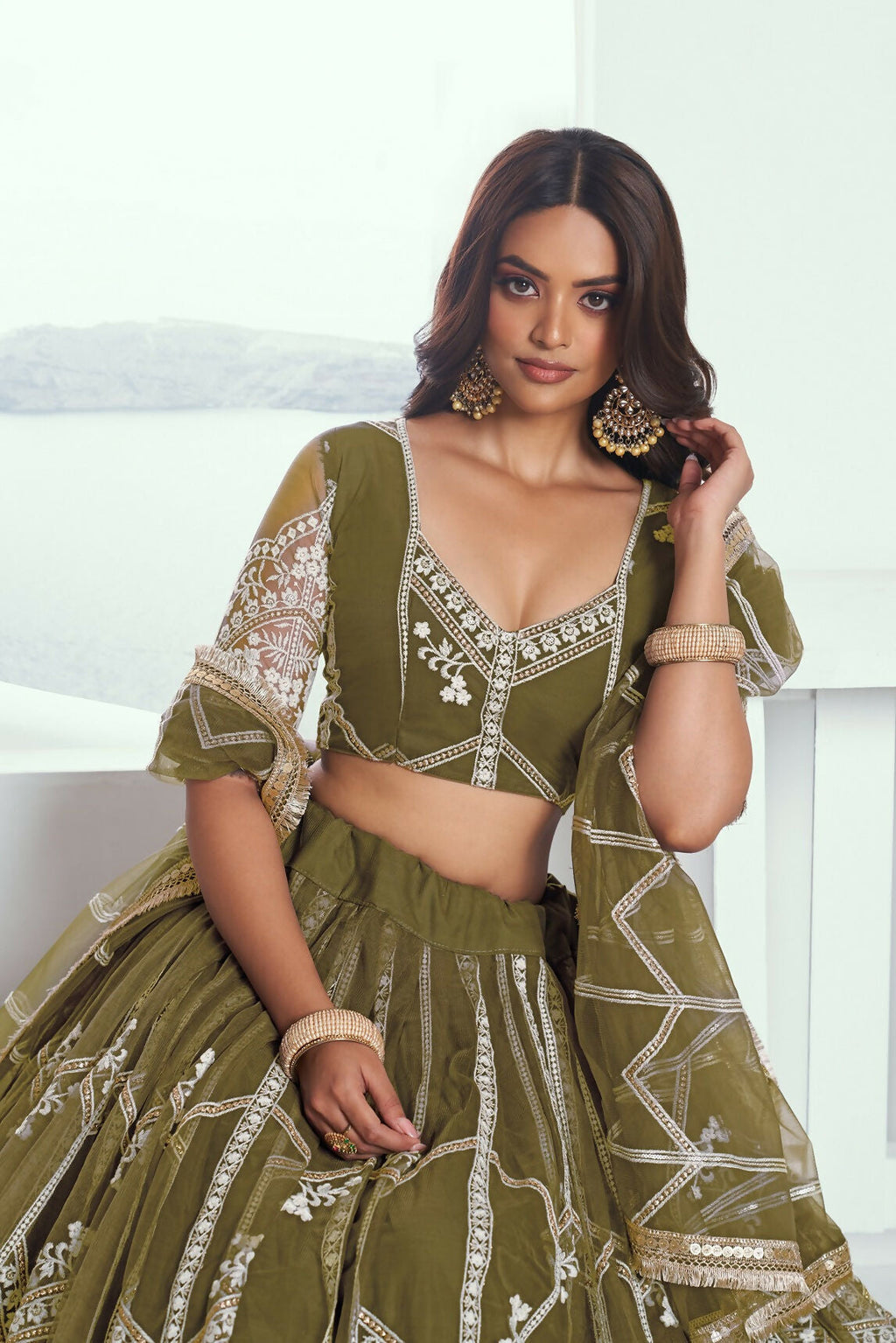 Eilara Adorable Olive Green Sequins Net Mehendi Wear Lehenga Choli | Grocsy