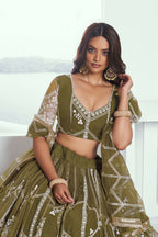 Eilara Adorable Olive Green Sequins Net Mehendi Wear Lehenga Choli | Grocsy