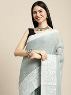 Shree Shyam Fashion Linen Sea Green Saree | Grocsy