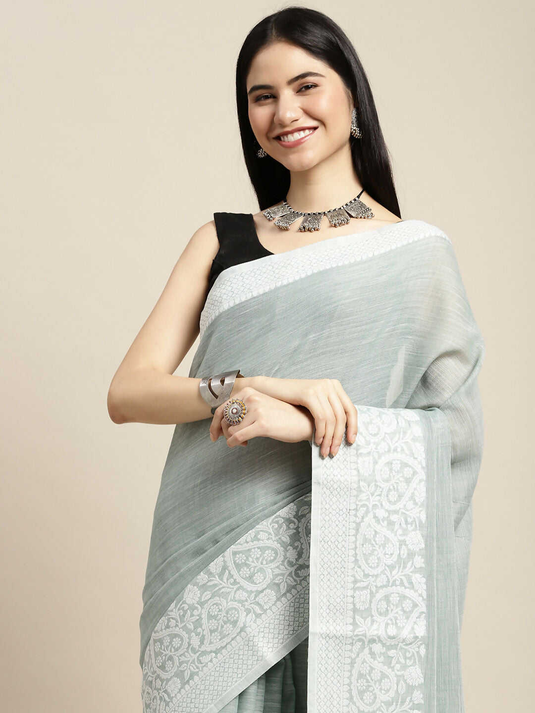 Shree Shyam Fashion Linen Sea Green Saree | Grocsy