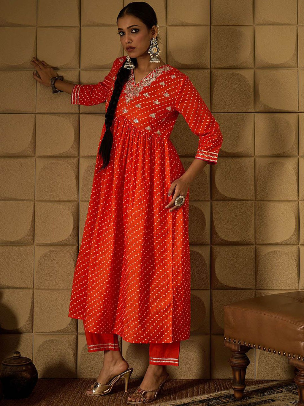 Indo Era Bandhani Embroidered Empire Sequined A-Line Pure Cotton Kurta With Trousers | Grocsy