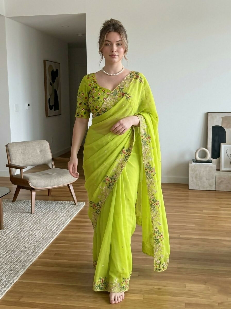 Teeya Creation New Stylish Trendy Party Wear Saree-Dark_Parrot_Green | Grocsy