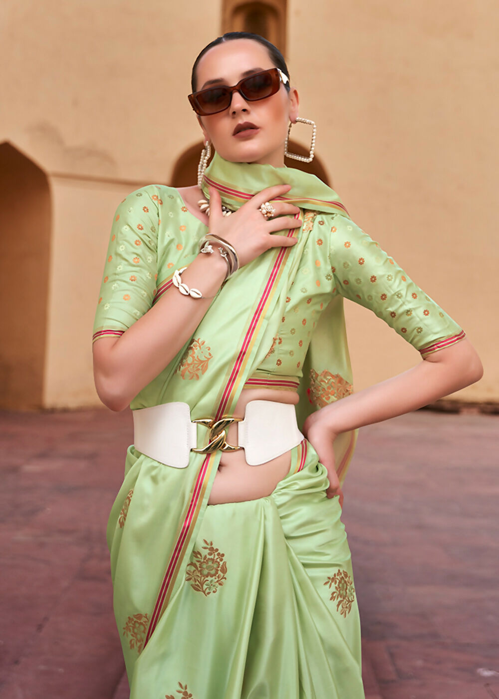Sprout Green Pure Satin Zari Weaving Wedding Festive Saree - Emponline | Grocsy