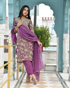 Vaasva Women's Purple Tissue Embroidered Suit Set With Solid Pant And Embroidered Dupatta | Grocsy