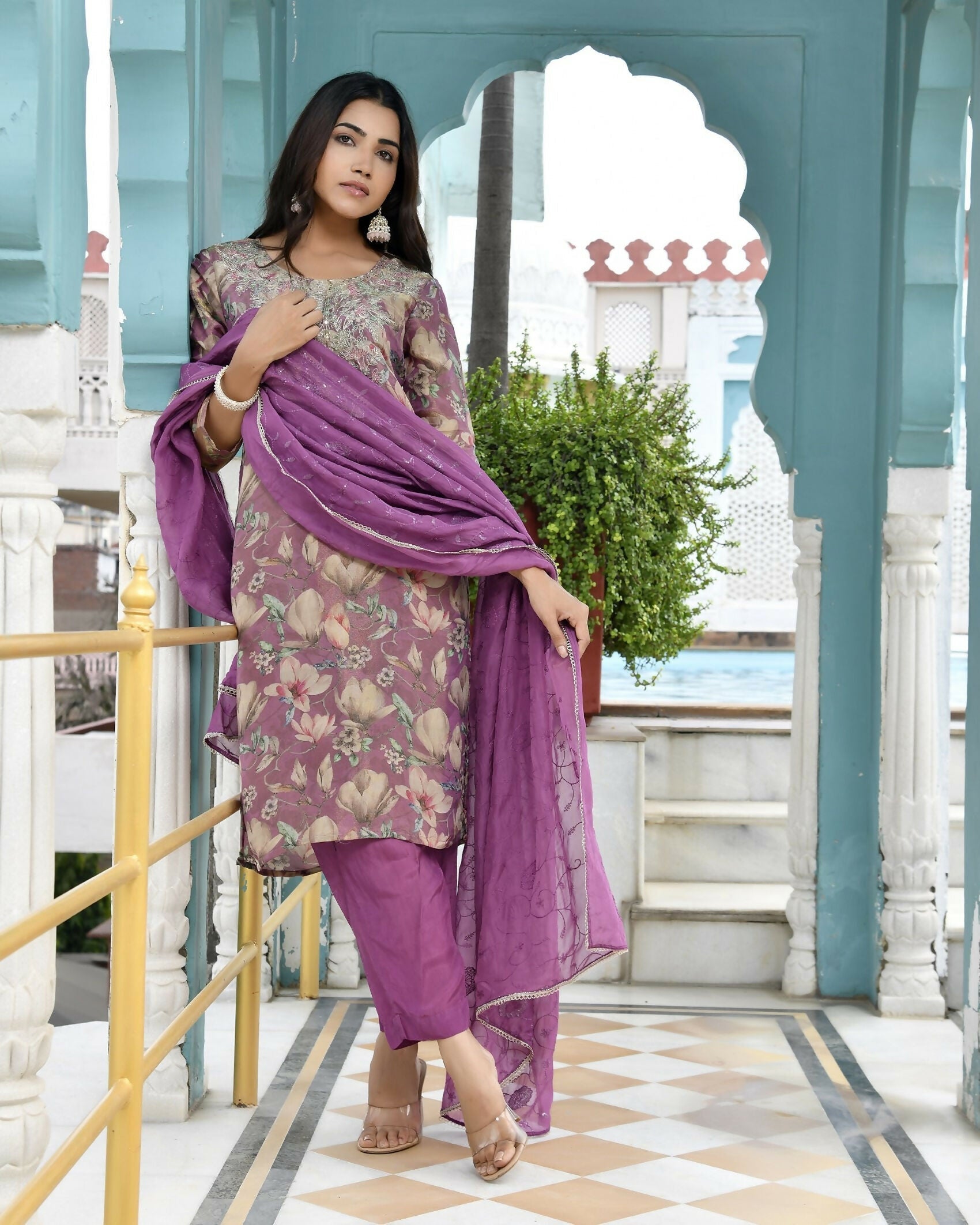 Vaasva Women's Purple Tissue Embroidered Suit Set With Solid Pant And Embroidered Dupatta | Grocsy