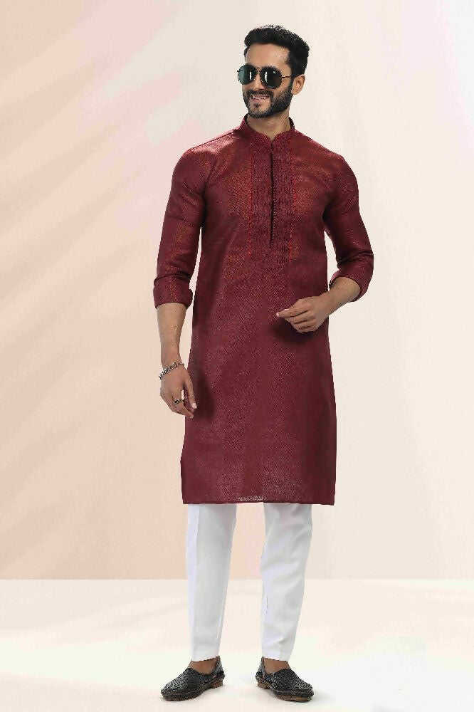 Raivat Ethnic Linen Cotton Pintux Work Kurta Pajama In Maroon Colour | Grocsy