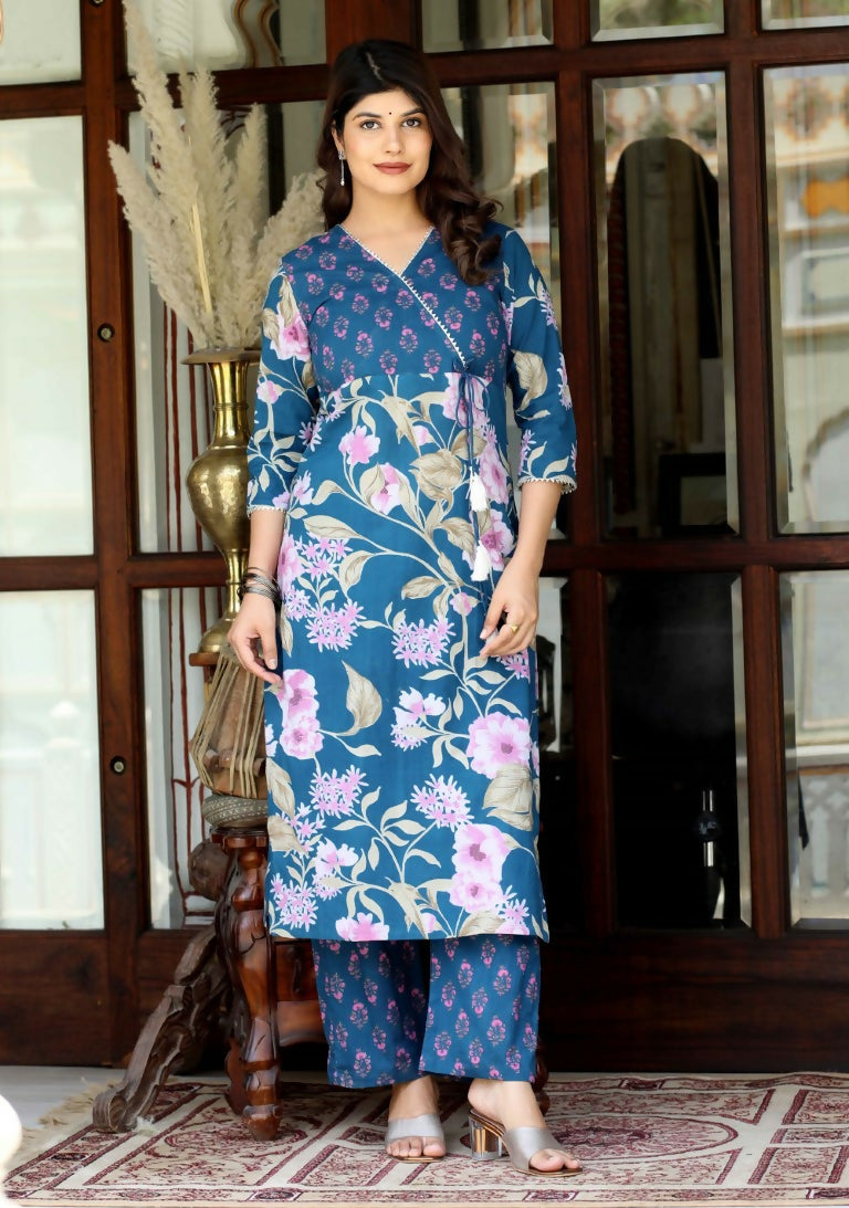 Miravan Women's Floral Block Printed Angrakha Kurta With Floral Palazzo | Grocsy