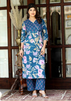 Miravan Women's Floral Block Printed Angrakha Kurta With Floral Palazzo | Grocsy