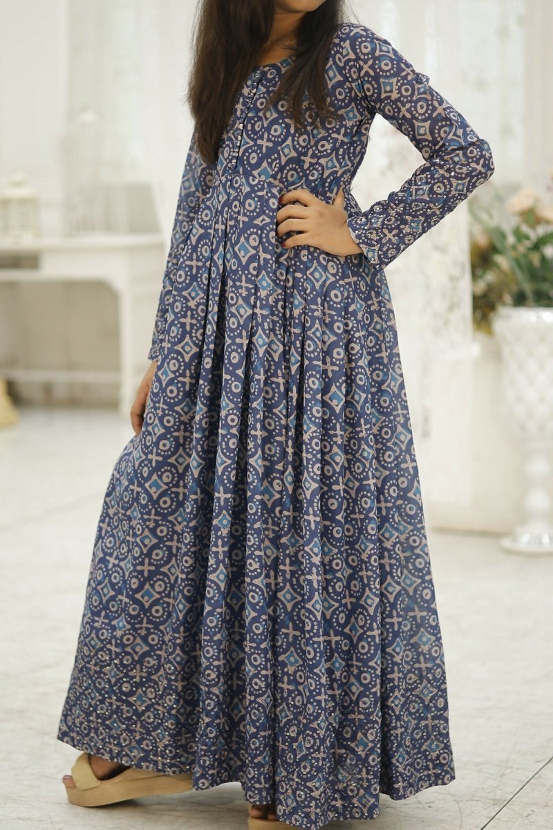 Aayaa Designer Printed Faux Georgette with Embroidery Zari Sequins-work Kids Gown | Grocsy