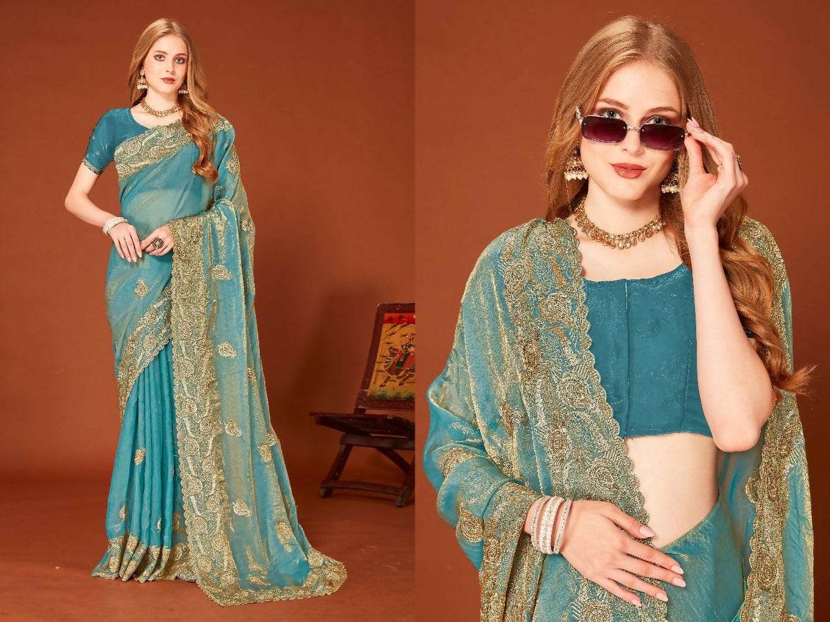 PR Fashion Ice Blue Fendi Two Tone Silk Heavy Zari Embroidery Work With Zircon Work Saree | Grocsy