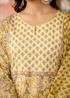 Kaajh Women's Yellow Floral Embroidered Cotton Kurta Pant Set With Dupatta | Grocsy