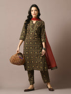 Myshka Women's Multi Printed Cotton Straight Party Kurta Set With Dupatta | Grocsy