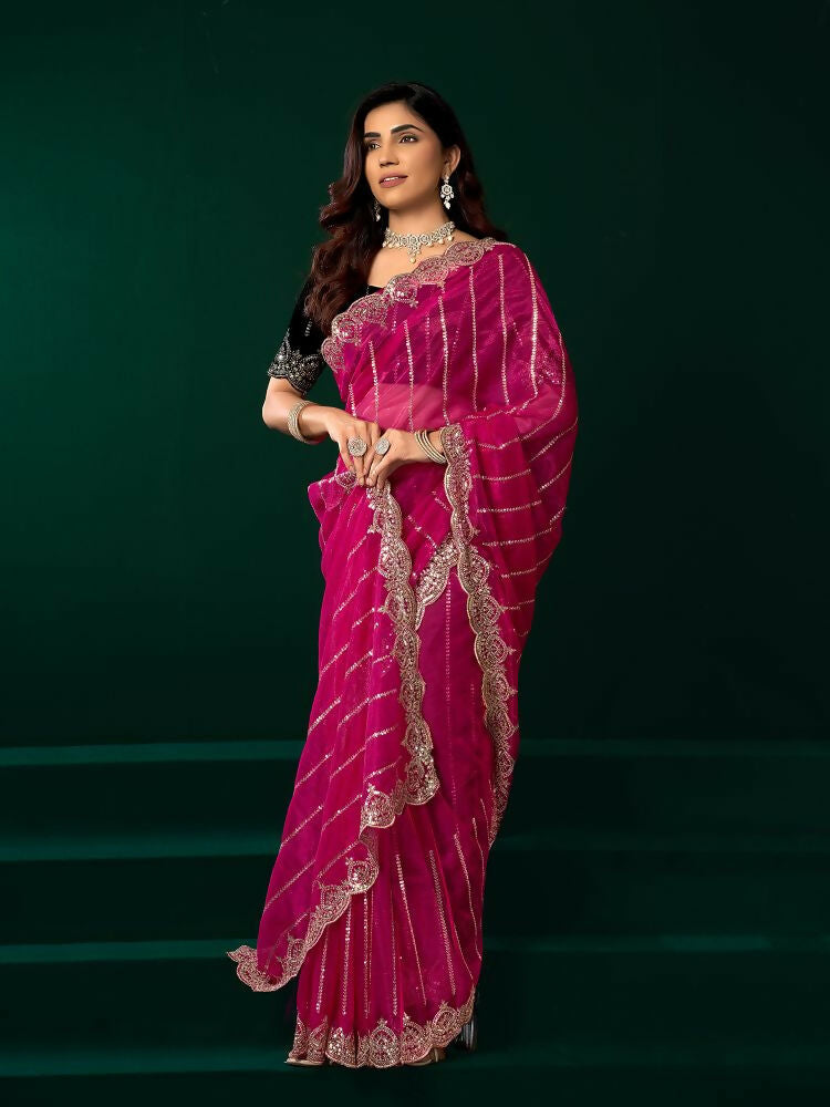 Joban Fashion Rani Pink Net Party Wear Sarees | Grocsy