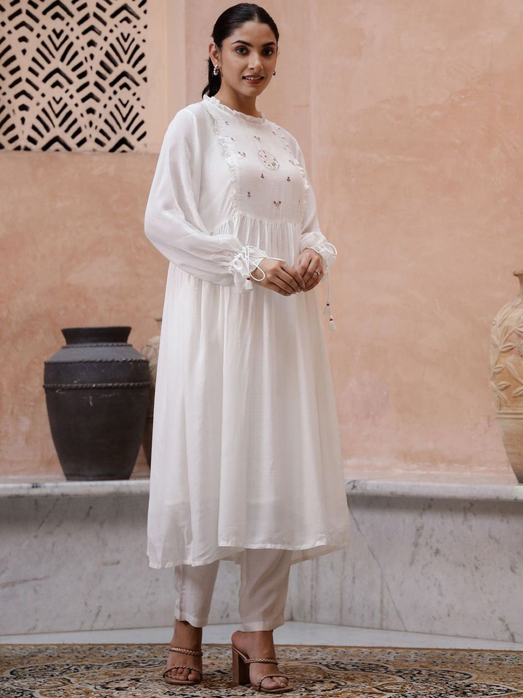 Sangria Floral Embroidered Pleated Thread Work Kurta with Trouser | Grocsy