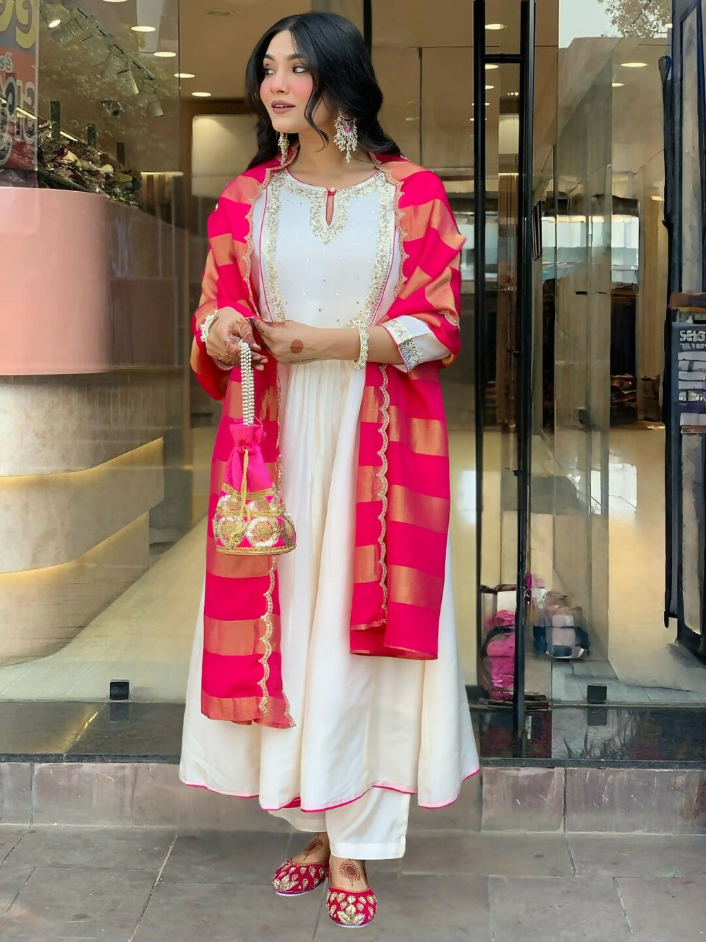 The52 White Women's Gorgeous Embroidered Work Chanderi Fabric Flared Kurta Pant and Dupatta Set | Grocsy