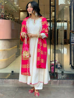 The52 White Women's Gorgeous Embroidered Work Chanderi Fabric Flared Kurta Pant and Dupatta Set | Grocsy