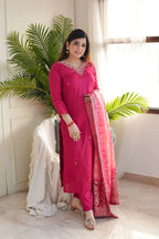 The52 Pink Women's Gorgeous Embroidered Vichitra Fabric Straight Kurta Pant with Dupatta Set | Grocsy