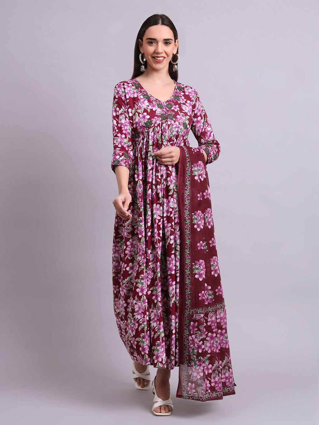 Joban Fashion Purple Cotton Floral Printed & Embroidery Work Anarkali Dress With Dupatta Set | Grocsy