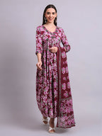 Joban Fashion Purple Cotton Floral Printed & Embroidery Work Anarkali Dress With Dupatta Set | Grocsy