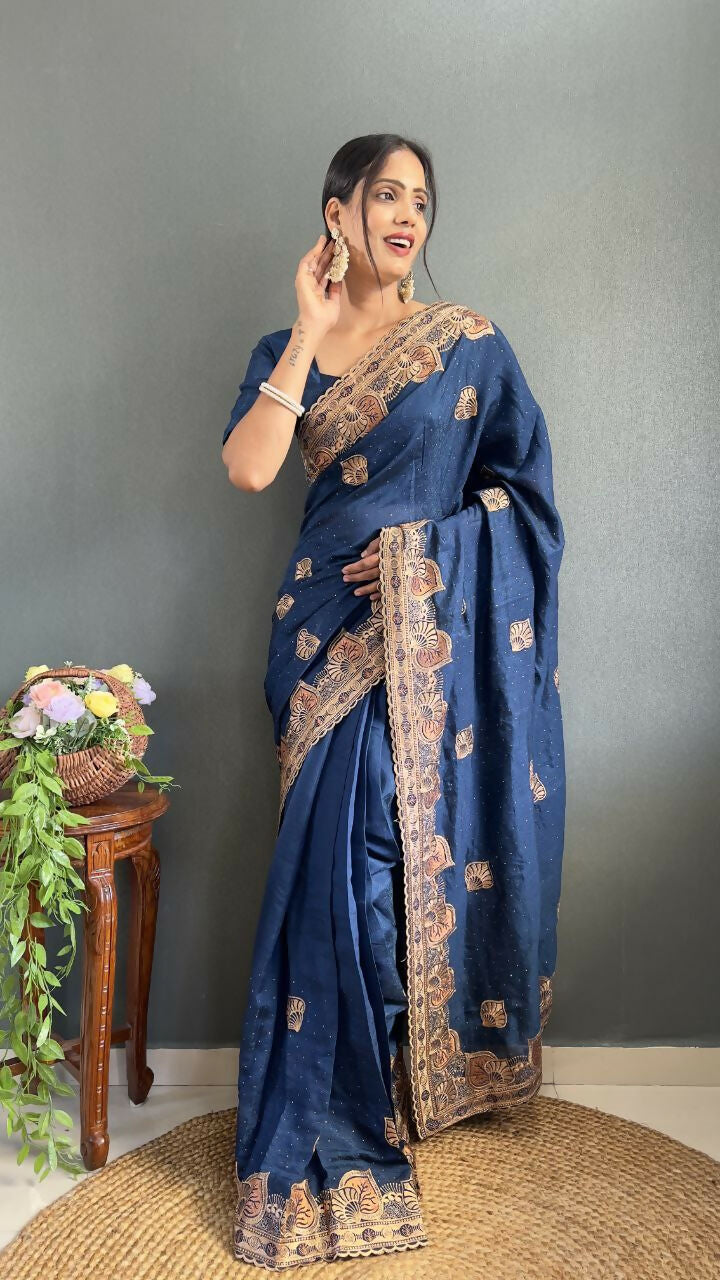 Vastranavya Blue Vichitra Silk Zari with Swarovski Work Ready to Wear Saree | Grocsy
