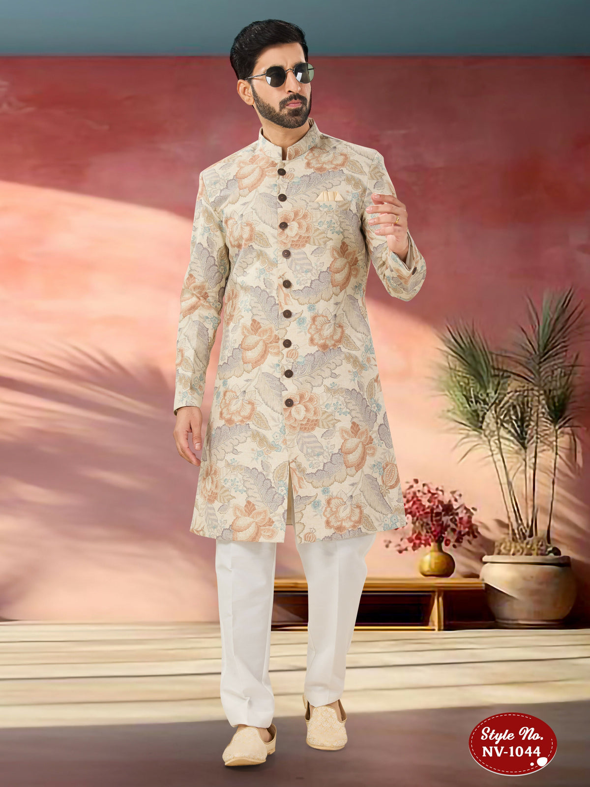 Joban Fashion Men's Beige Base Multi-Colour Straight Swed Velvet Self-Design In Fabric Indo-Western Kurta Set | Grocsy