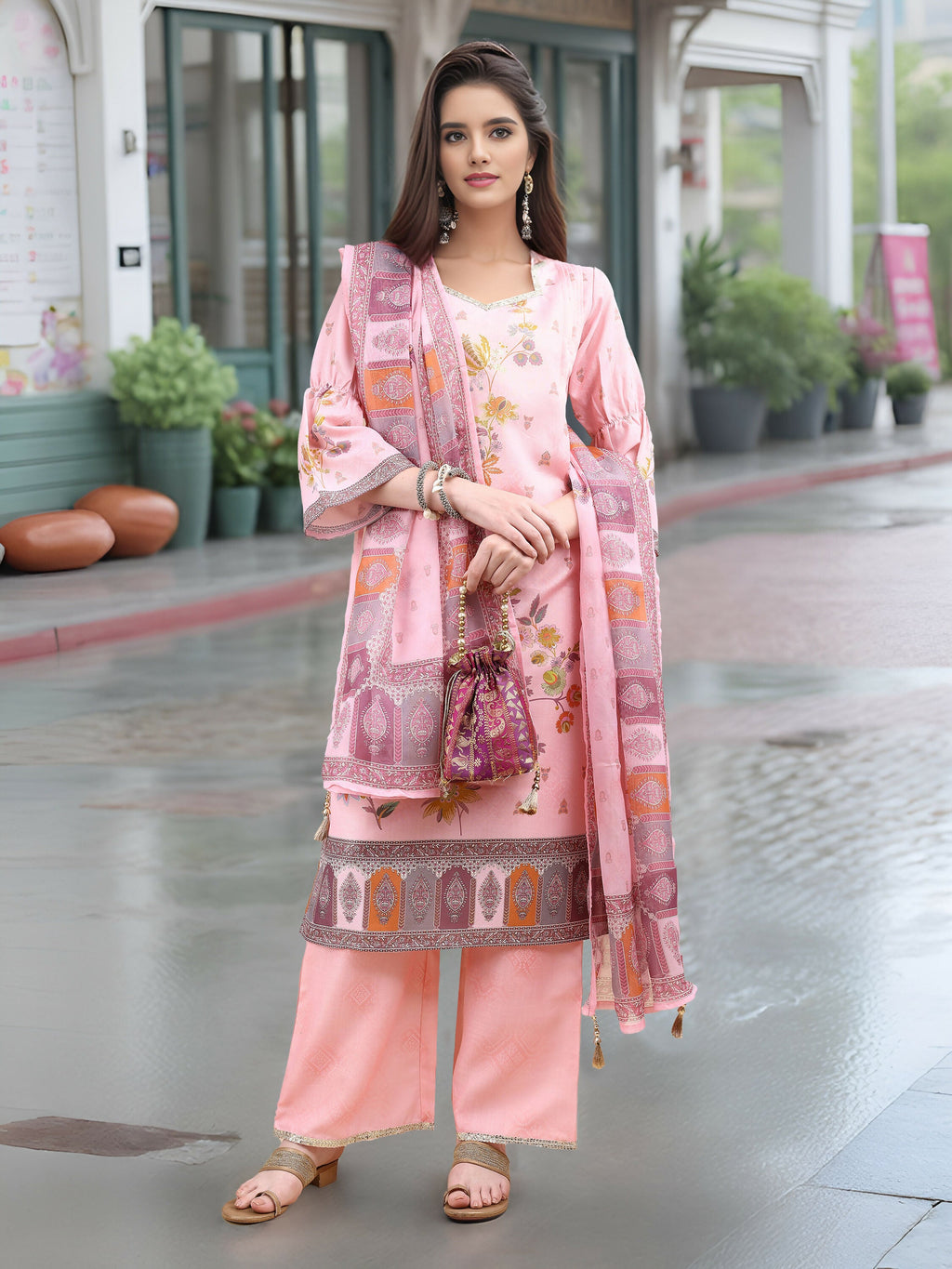Joban Fashion Pink Position Digital Print With Position Foil Kurta Set | Grocsy