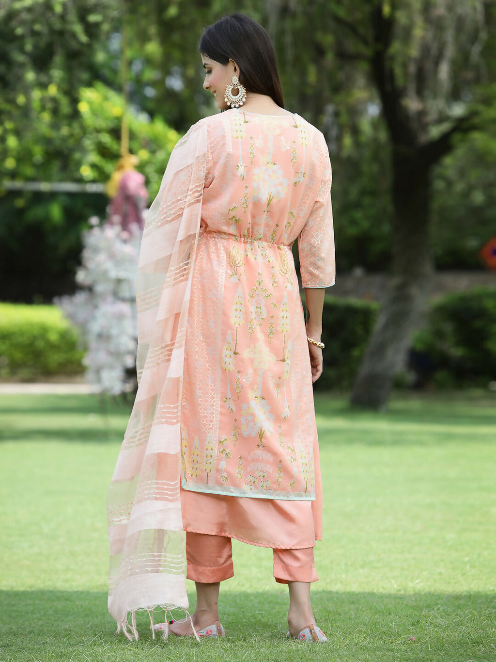 Juniper Orange Ethnic Motif Printed Georgette Kurta Pants & Dupatta Set With Tassels & Lace | Grocsy