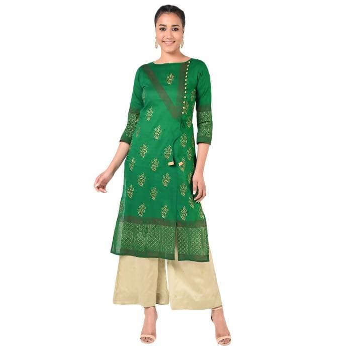 Aniyah Cotton Gold Print Straight Kurta In Green Color (AN-169K) | Grocsy