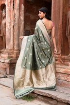 Joban Fashion Dusty Olive Banarasi Katan Pure Handloom Silk Saree | Grocsy