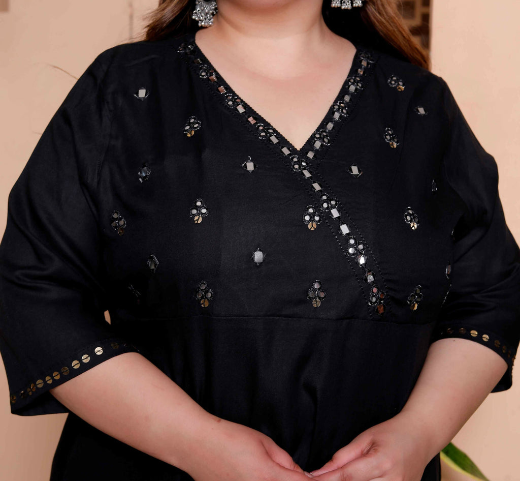 Miravan Womens Plus Size Black Mirror work Angrakha Kurta and Palazzo Set | Grocsy
